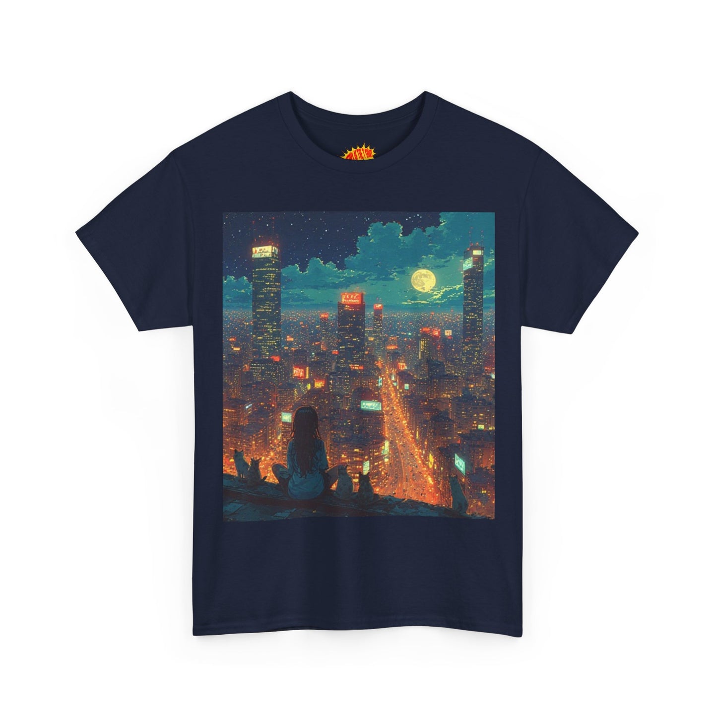 Nighttime Neon Anime Cityscape w/Girl & Cats T-Shirt *Multiple Colors*