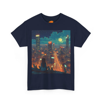 Nighttime Neon Anime Cityscape w/Girl & Cats T-Shirt