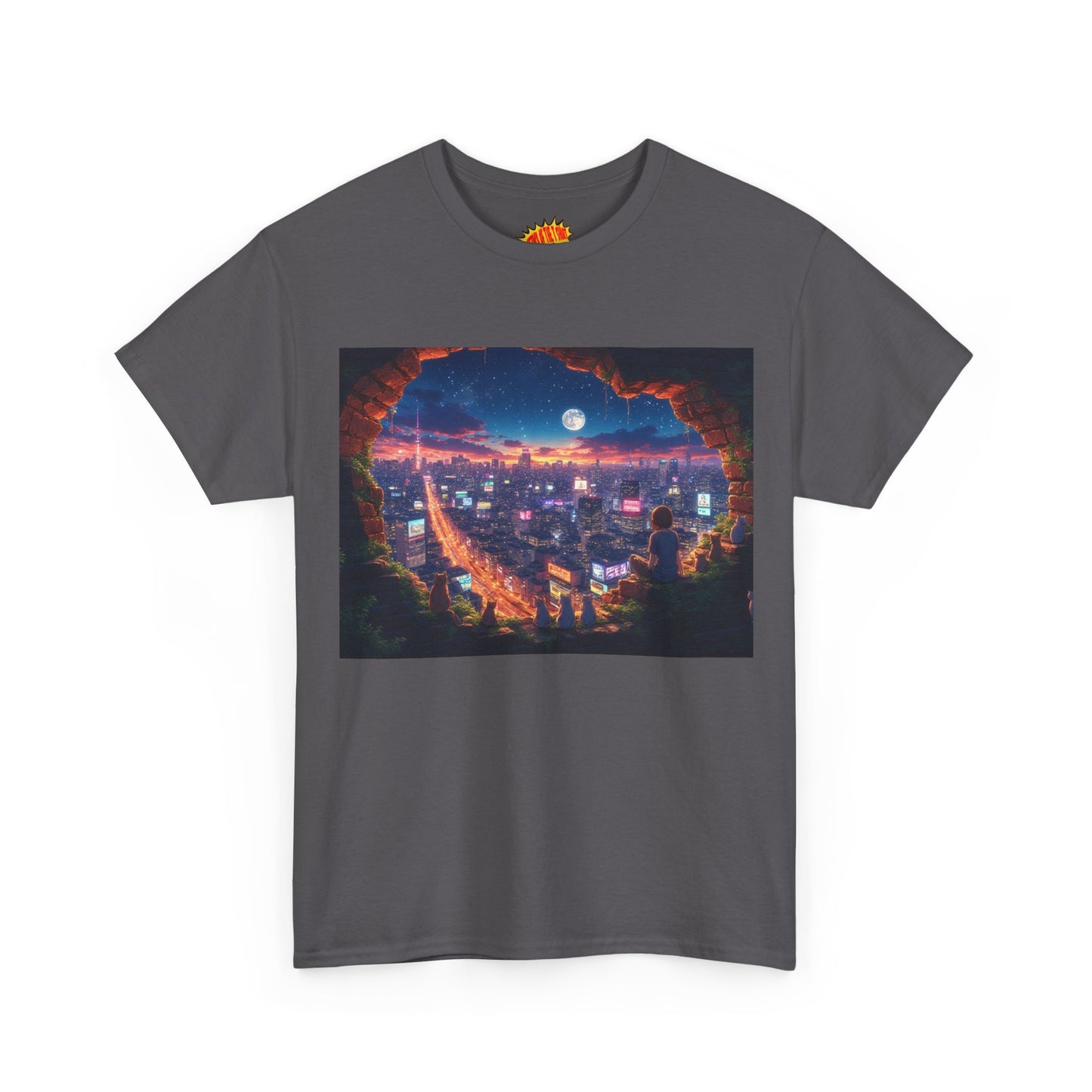 Anime Neon City Nighttime Scene w/Girl & Cats T-Shirt *Multiple Colors*