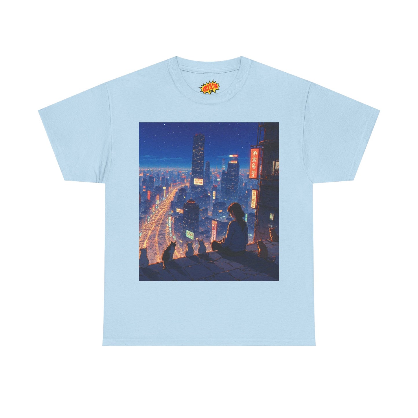 Neon Anime City Night Scene w/Girl & Cats T-Shirt *Multiple Colors*
