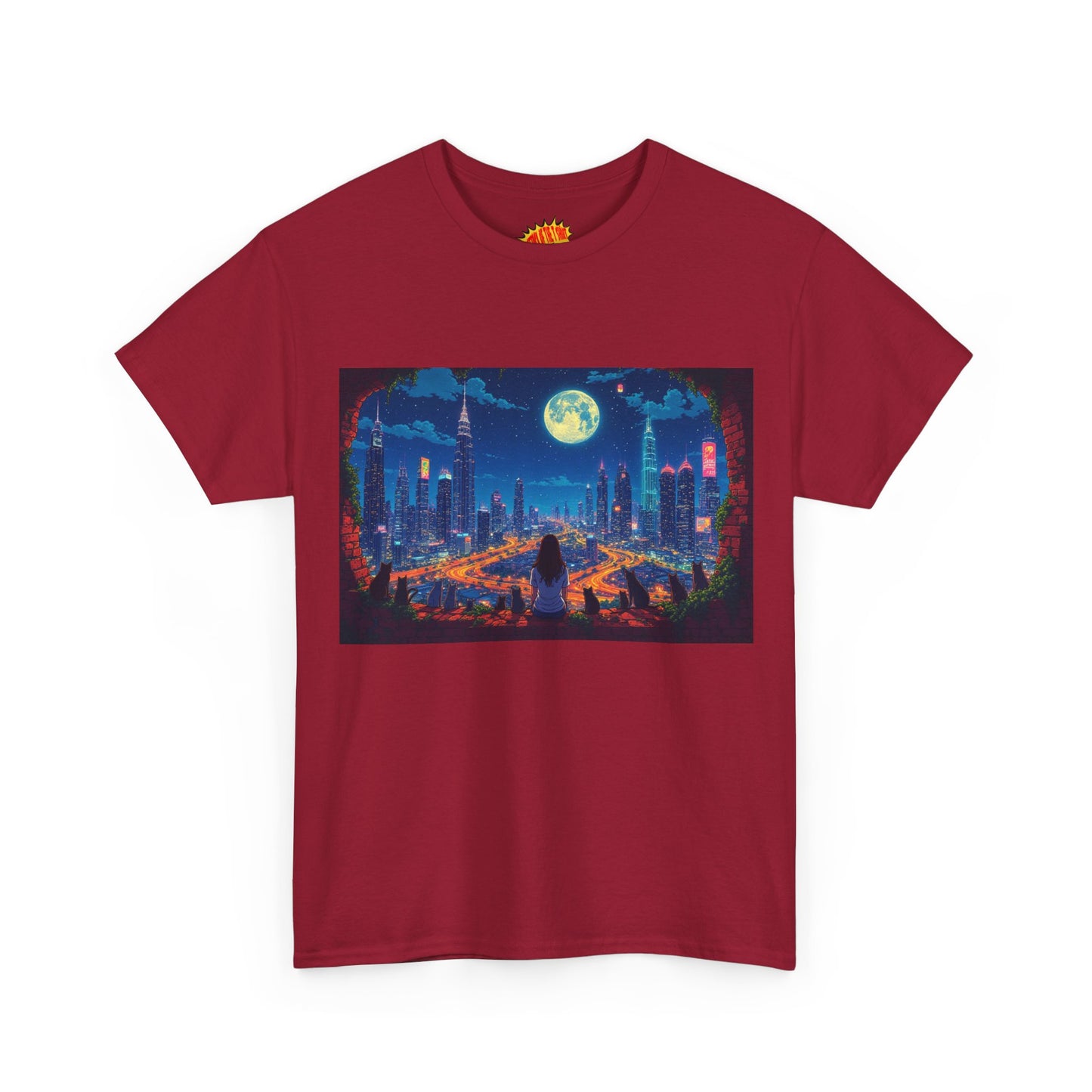 Anime City Night Scene w/Girl & Cats T-Shirt *Multiple Colors*