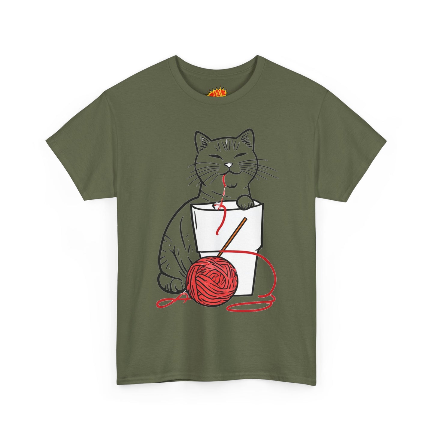 Cat w/Noodle Cup + Yarn Ball Art Drawing Tee Shirt *Multiple Colors*