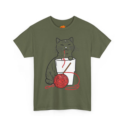 Cat w/Noodle Cup + Yarn Ball Art Drawing Tee Shirt