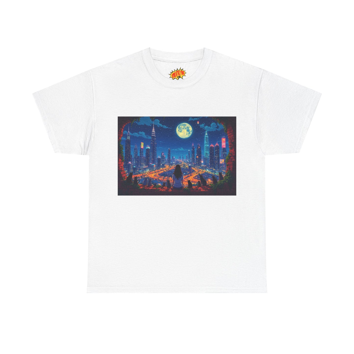 Anime City Night Scene w/Girl & Cats T-Shirt *Multiple Colors*