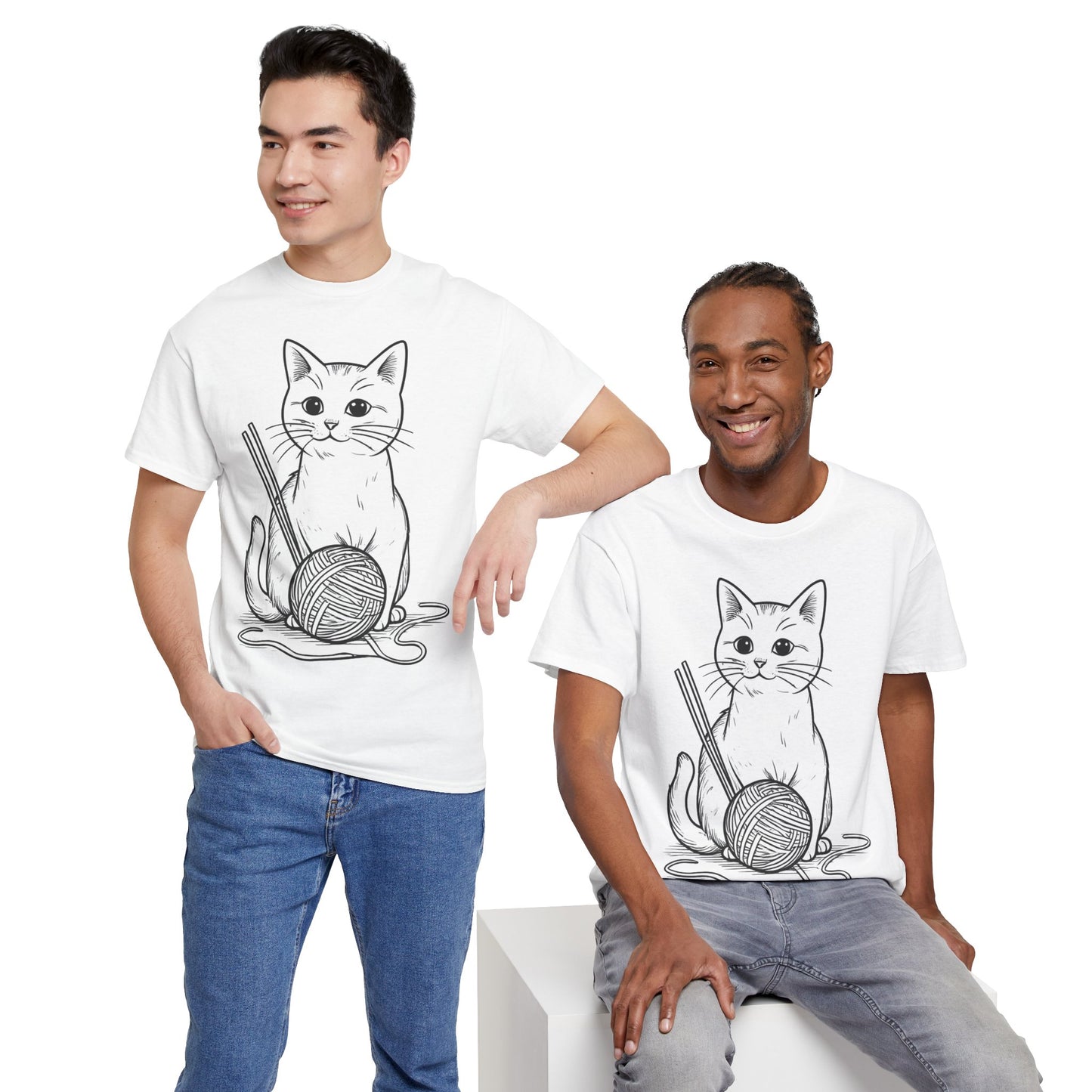 White Cat w/Yarn Ball Art Tee Shirt *Multiple Colors*