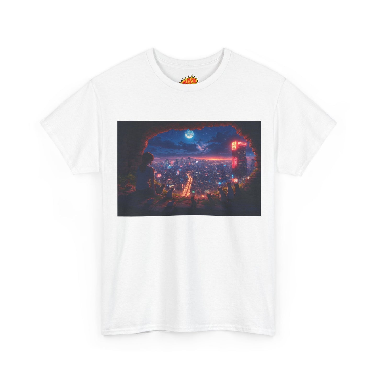 Anime Neon Cityscape Nighttime Scene w/Girl & Cats T-Shirt *Multiple Colors*