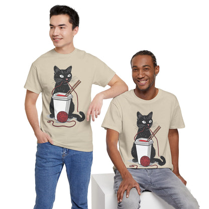 Black Cat w/Noodles + Yarn Ball Art Drawing Tee Shirt