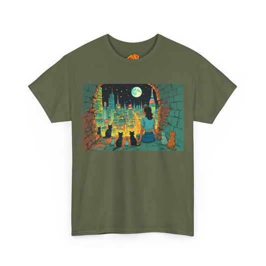 Vintage Anime Style Night City View w/Girl & Cats T-Shirt *Multiple Colors*