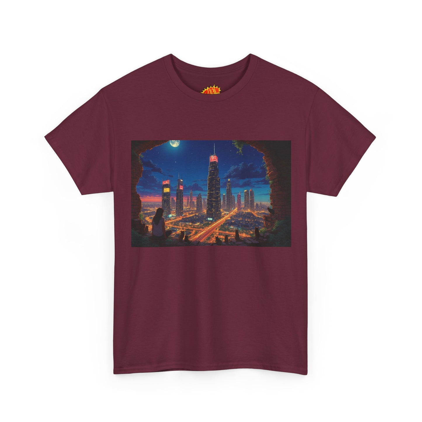 Anime Cityscape Night Scene w/Girl & Cats T-Shirt *Multiple Colors*