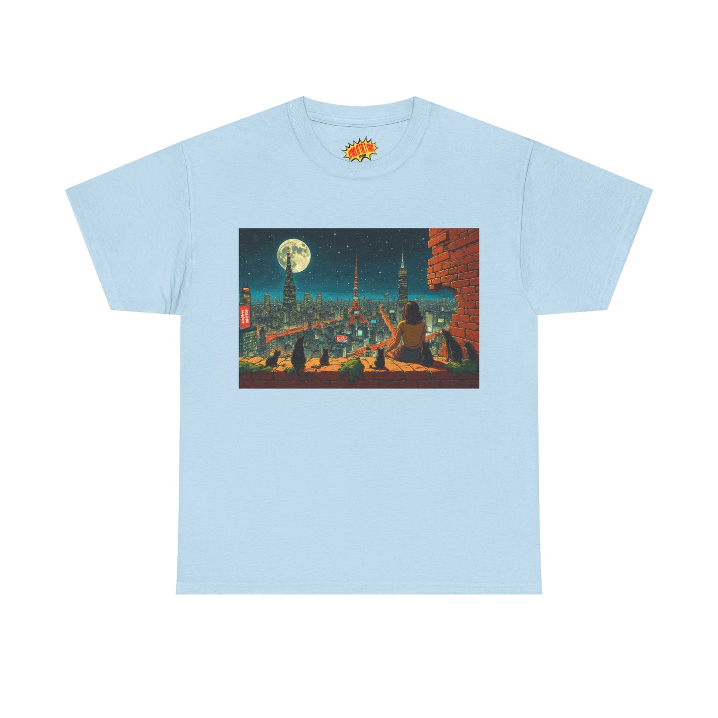 Anime Cityscape Full Moon Scene w/Girl & Cats T-Shirt *Multiple Colors*