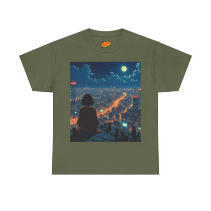 Neon City Anime Night Scene w/Girl & Cats T-Shirt