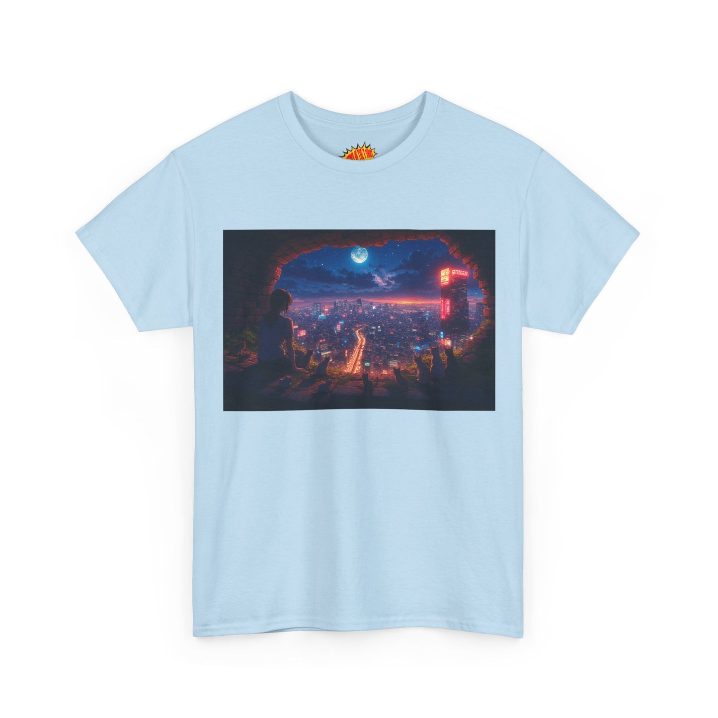 Anime Neon Cityscape Nighttime Scene w/Girl & Cats T-Shirt *Multiple Colors*