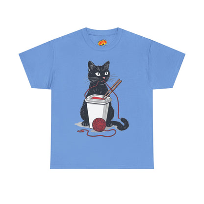 Black Cat w/Noodles + Yarn Ball Art Drawing Tee Shirt
