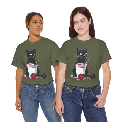 Black Cat w/Noodles + Yarn Ball Art Drawing Tee Shirt