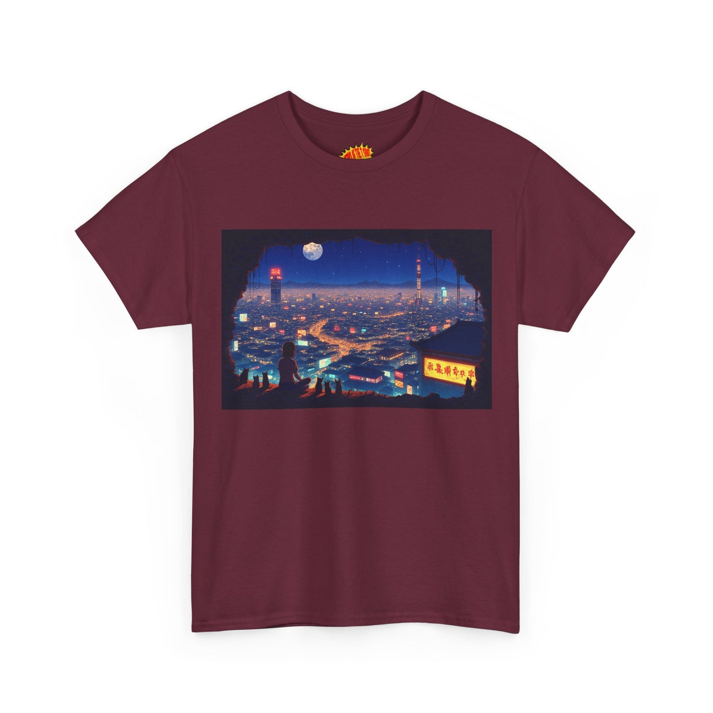 Anime Neon Cityscape Scene w/Girl & Cats T-Shirt *Multiple Colors*