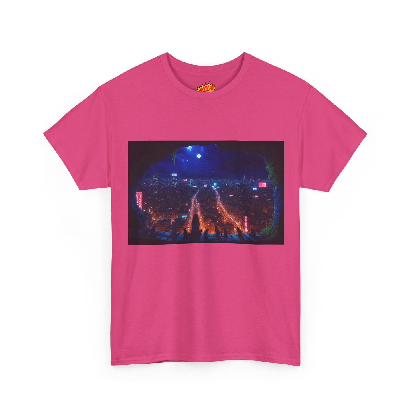 Anime Cityscape Double Moon Scene w/Girl & Cats T-Shirt *Multiple Colors*