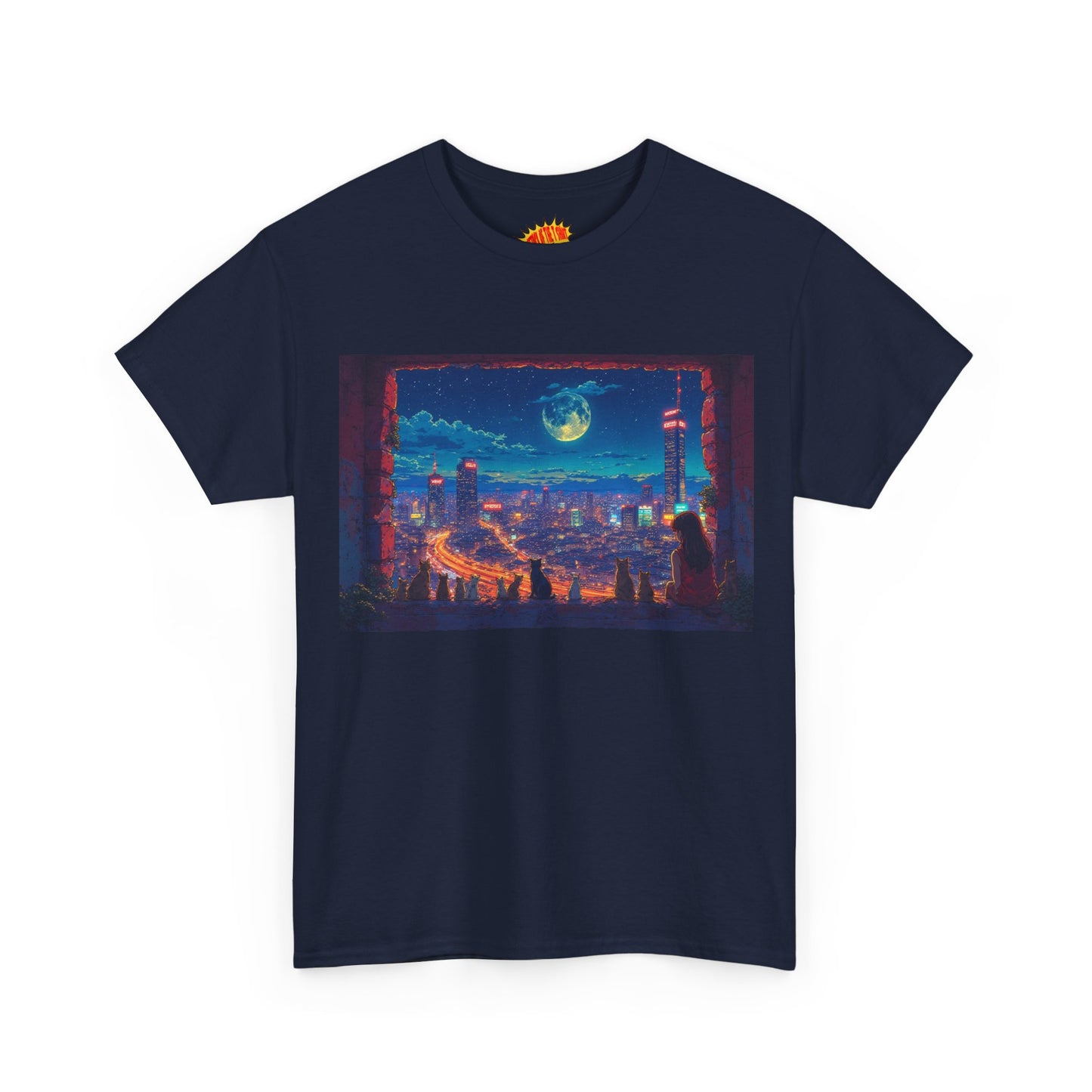 Anime Cityscape Night Scene w/Girl & Cats T-Shirt *Multiple Colors*