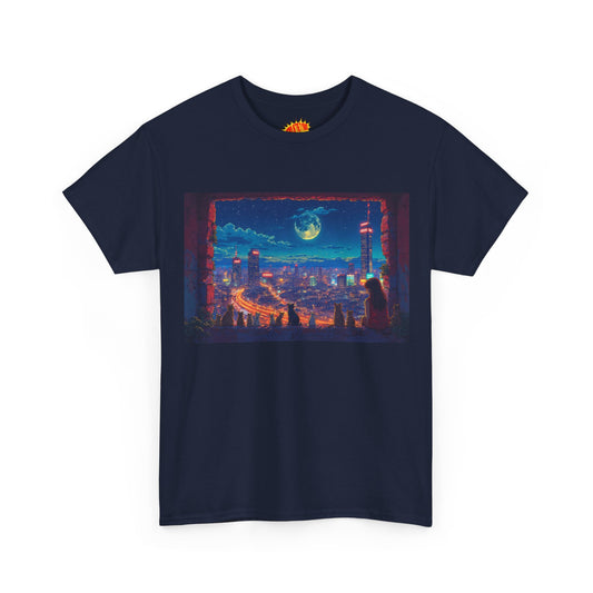 Anime Cityscape Night Scene w/Girl & Cats T-Shirt *Multiple Colors*
