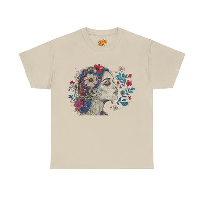 Multicolor Line Drawing Human Graphic Flower Art Tee Shirt