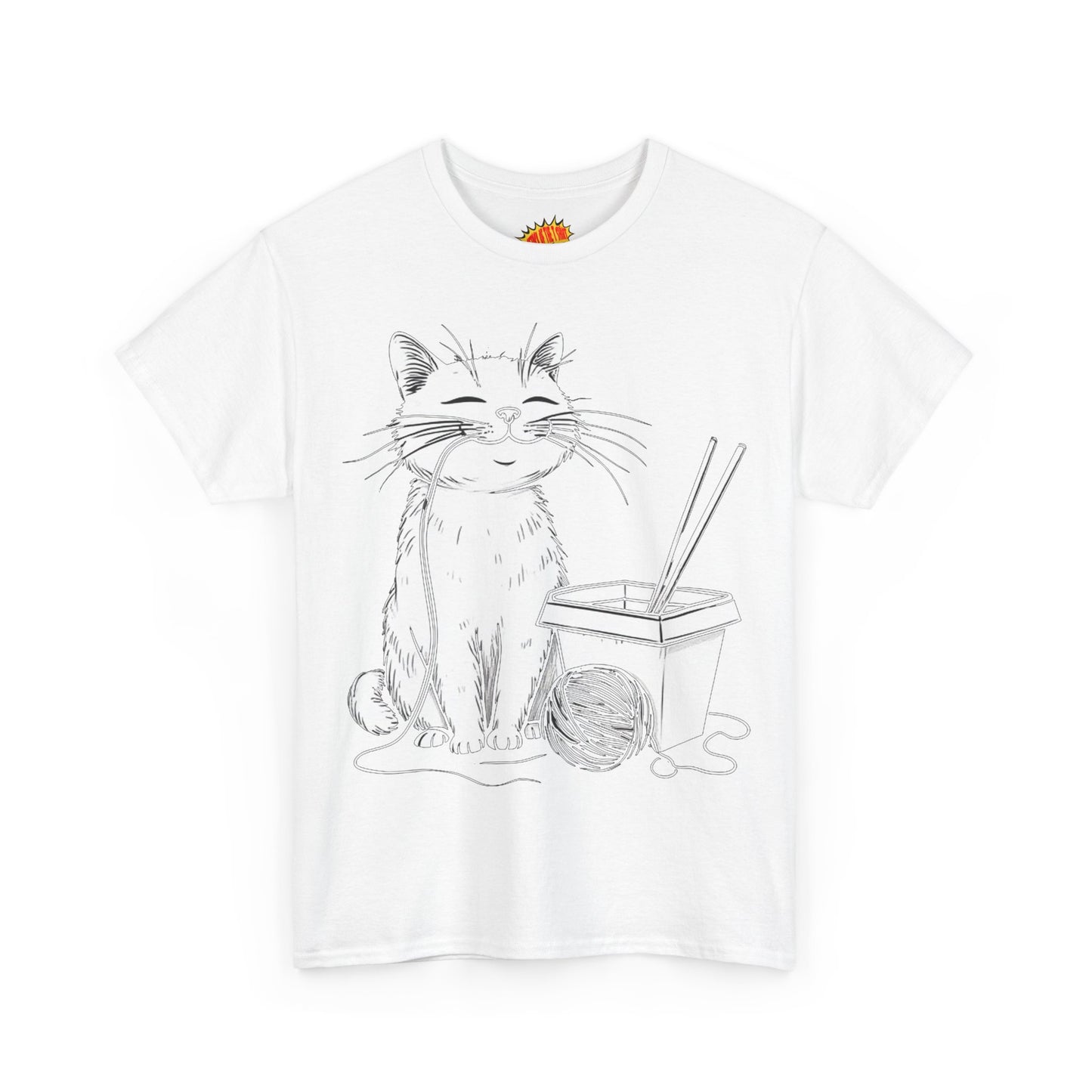 Happy Cat w/Noodles + Yarn Ball Art Drawing Tee Shirt *Multiple Colors*