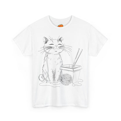 Happy Cat w/Noodles + Yarn Ball Art Drawing Tee Shirt