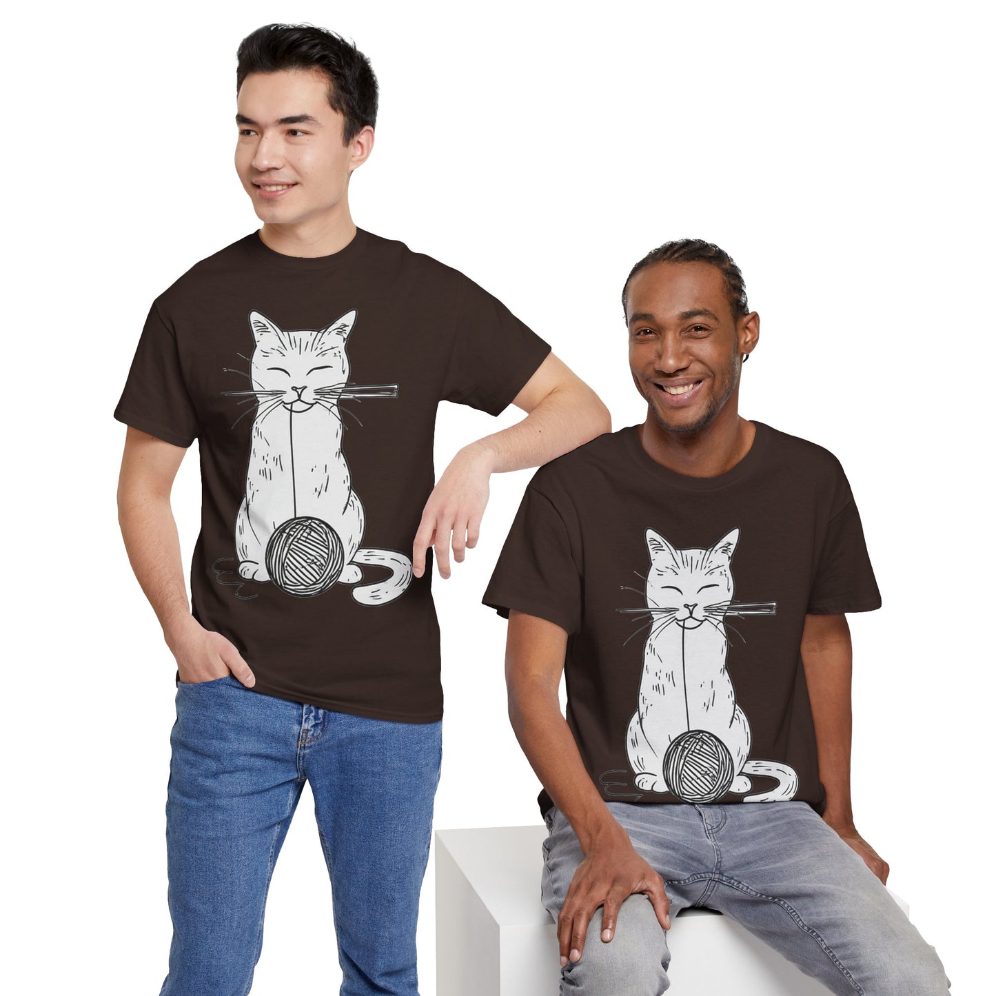 White Cat w/Yarn Ball Art Drawing Tee Shirt *Multiple Colors*