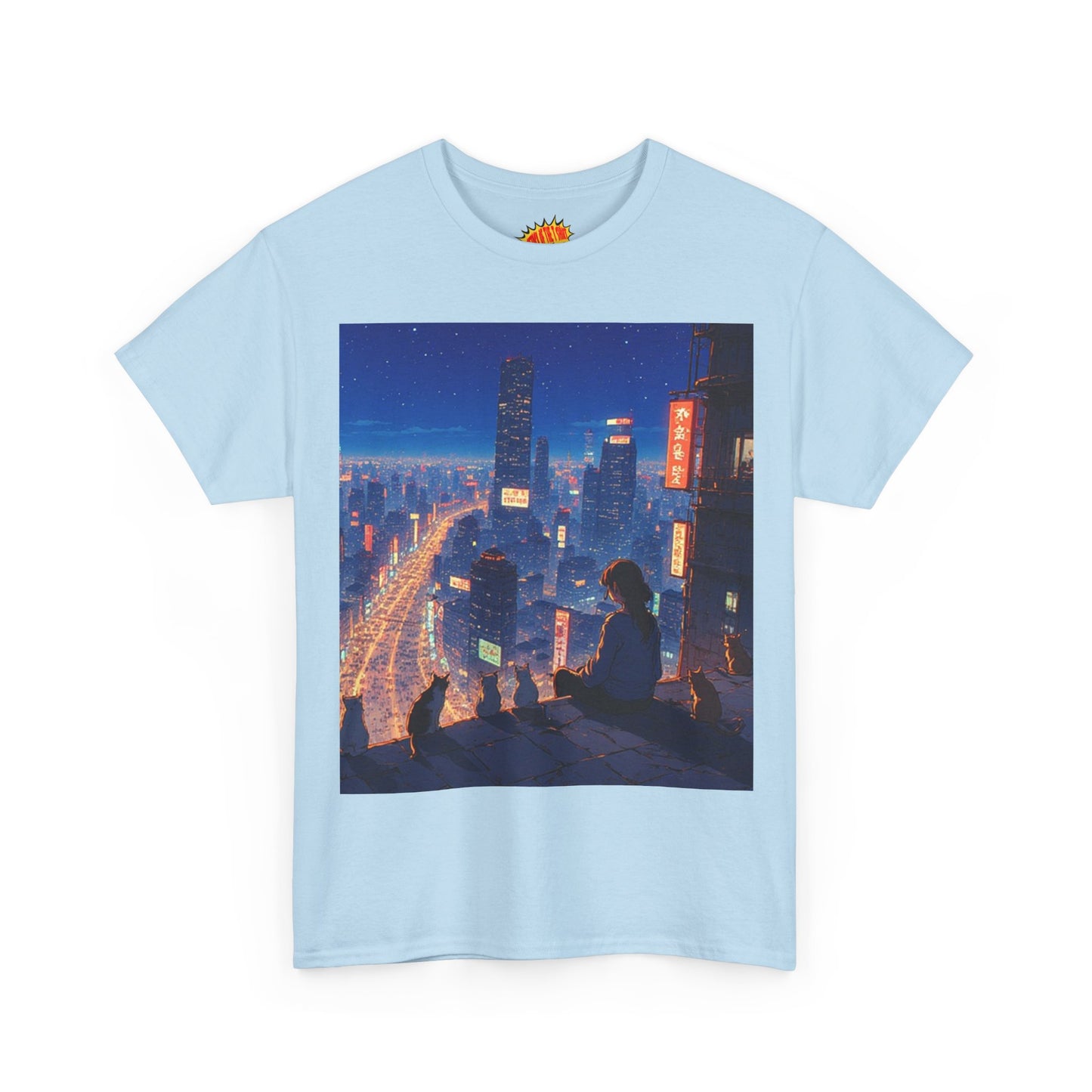 Neon Anime City Night Scene w/Girl & Cats T-Shirt *Multiple Colors*