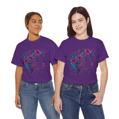 Multicolor Line Drawing Human Flower Graphic Art Tee Shirt