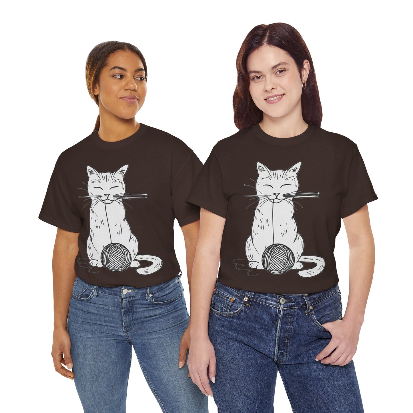 White Cat w/Yarn Ball Art Drawing Tee Shirt *Multiple Colors*