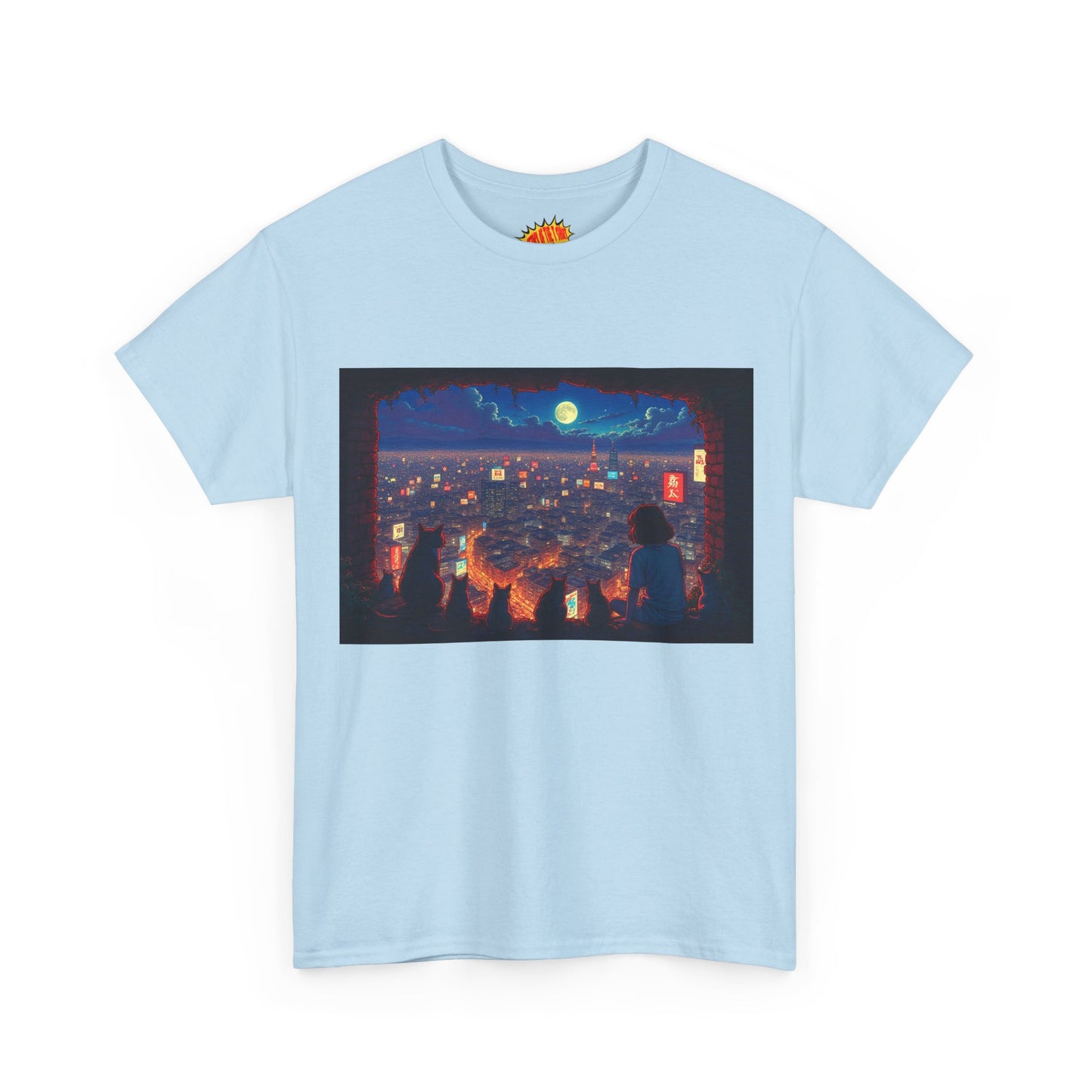 Cityscape Anime Nighttime Scene w/Girl & Cats T-Shirt *Multiple Colors*