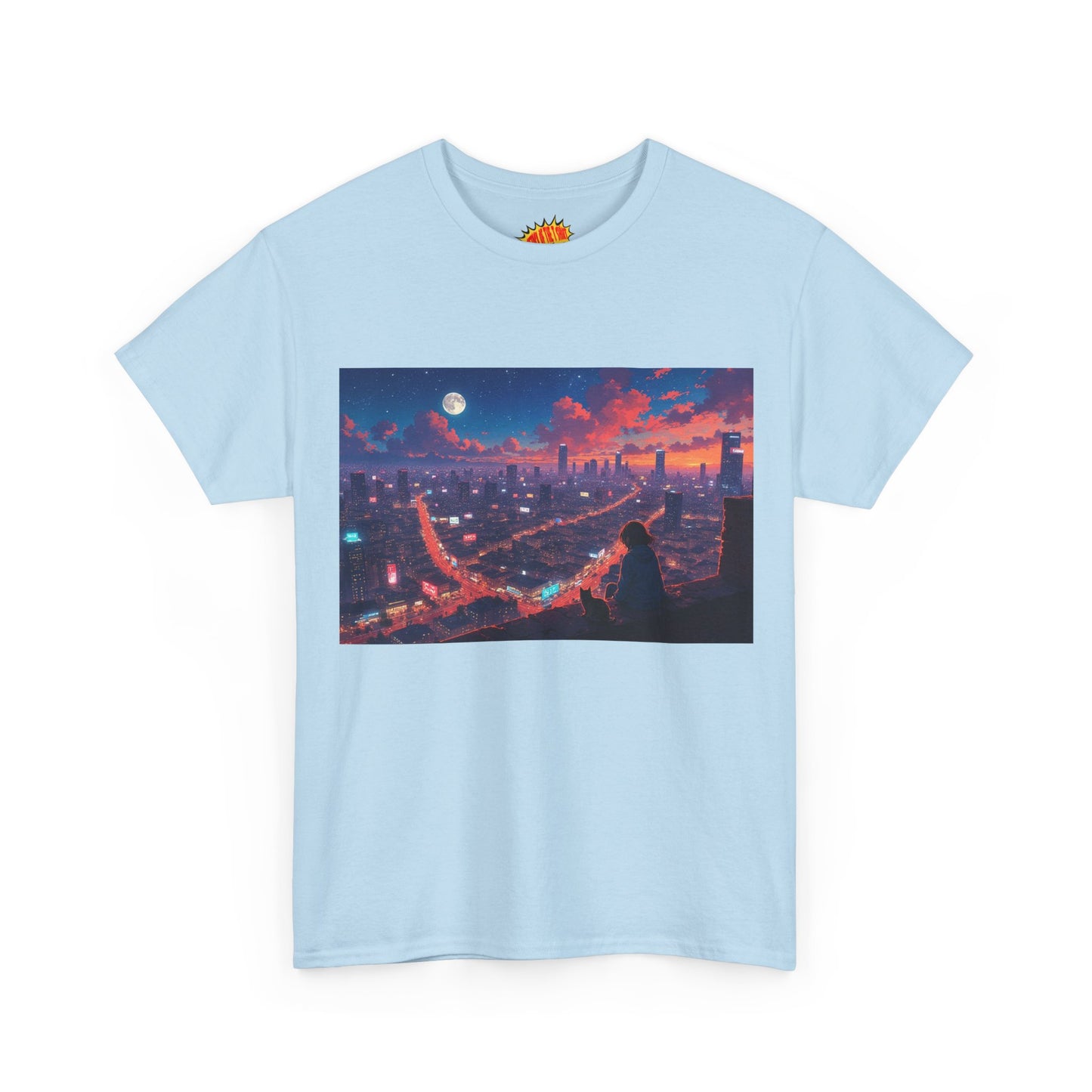 Anime City Neon Night Sky Scene w/Girl & Cats T-Shirt *Multiple Colors*