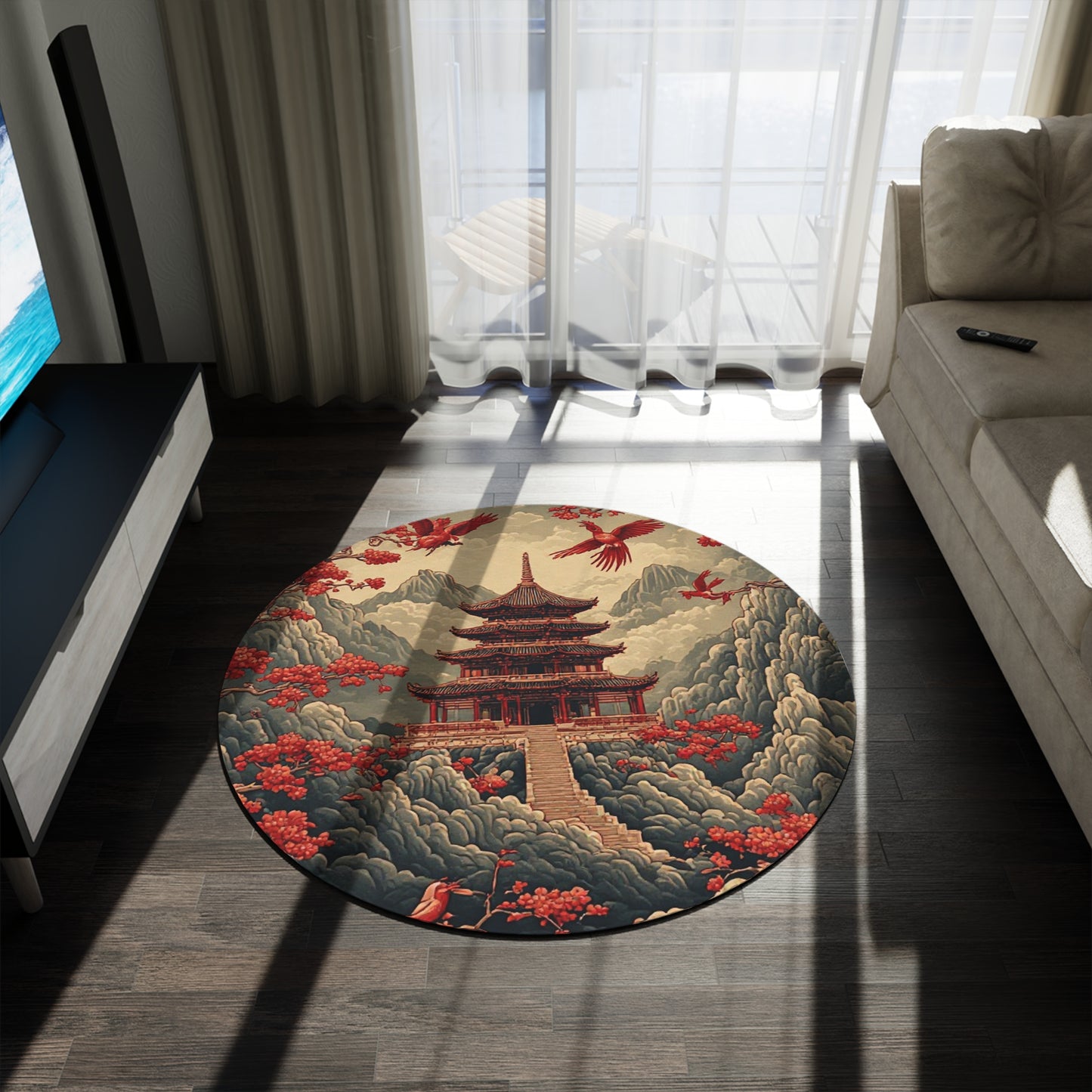 Oriental Style Rug w/Birds + Flowers - 60in Diameter Round Carpet 8