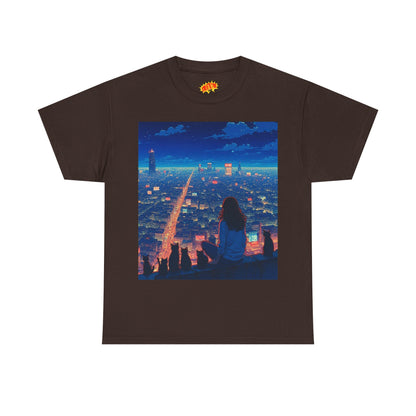 Anime Cityscape Night Sky Scene w/Girl & Cats T-Shirt