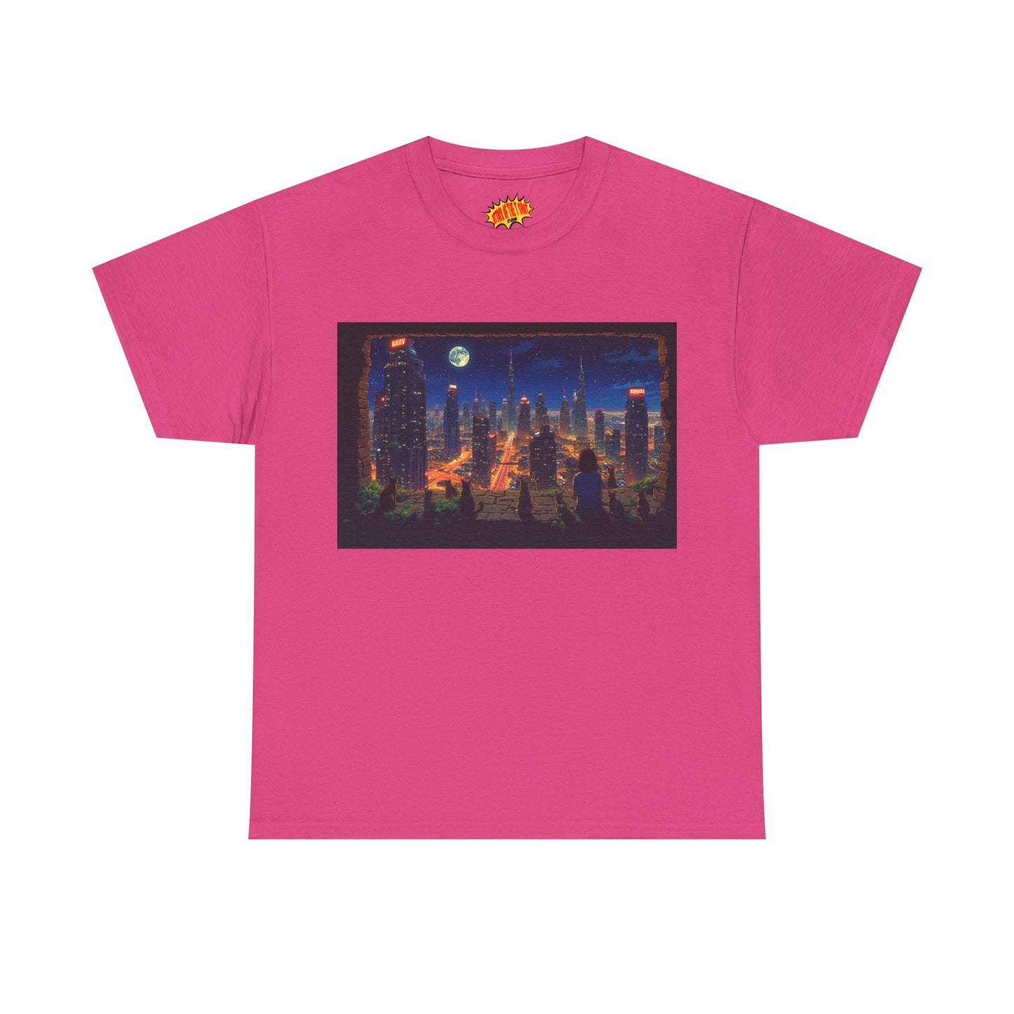 Neon Anime Cityscape Full Moon w/Girl & Cats T-Shirt *Multiple Colors*