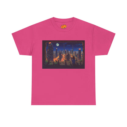 Neon Anime Cityscape Full Moon w/Girl & Cats T-Shirt