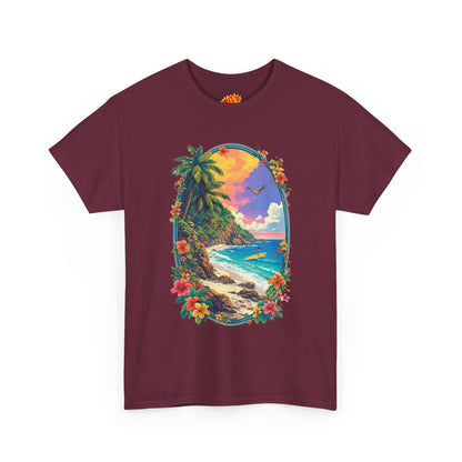Tropical Beach Scene w/Oval Floral Frame T-Shirt