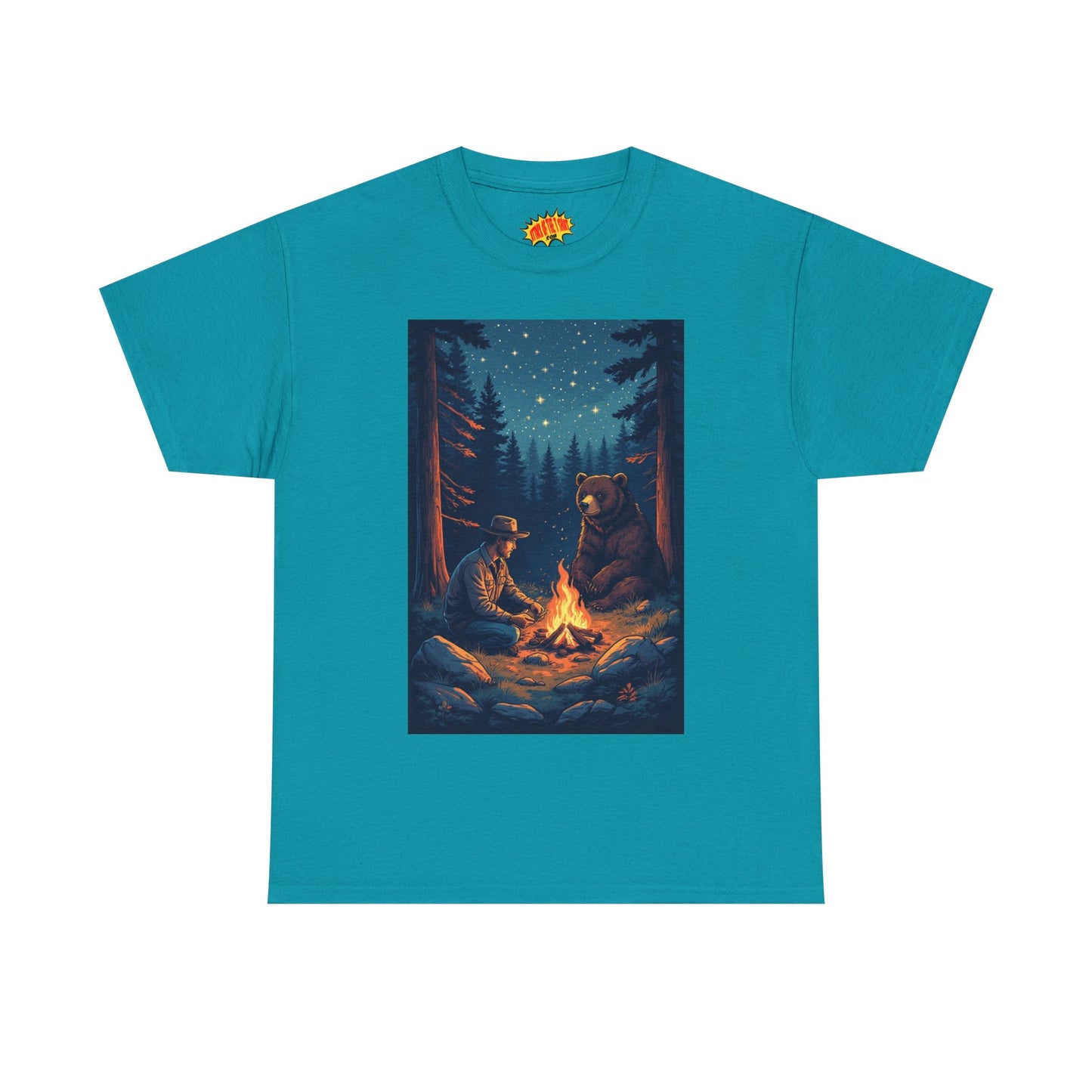 Cowboy w/ Brown Bear Campfire Scene T-Shirt *Multiple Colors*