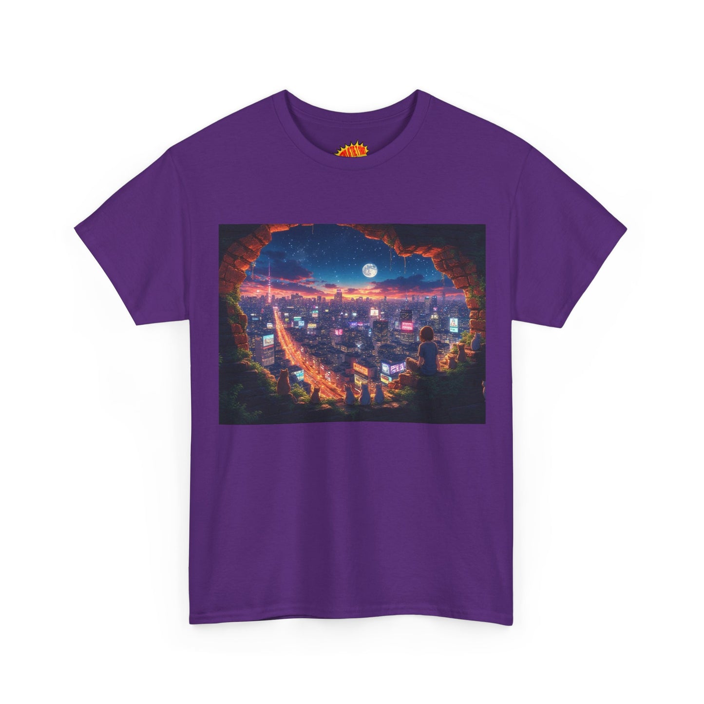 Anime Neon City Nighttime Scene w/Girl & Cats T-Shirt *Multiple Colors*