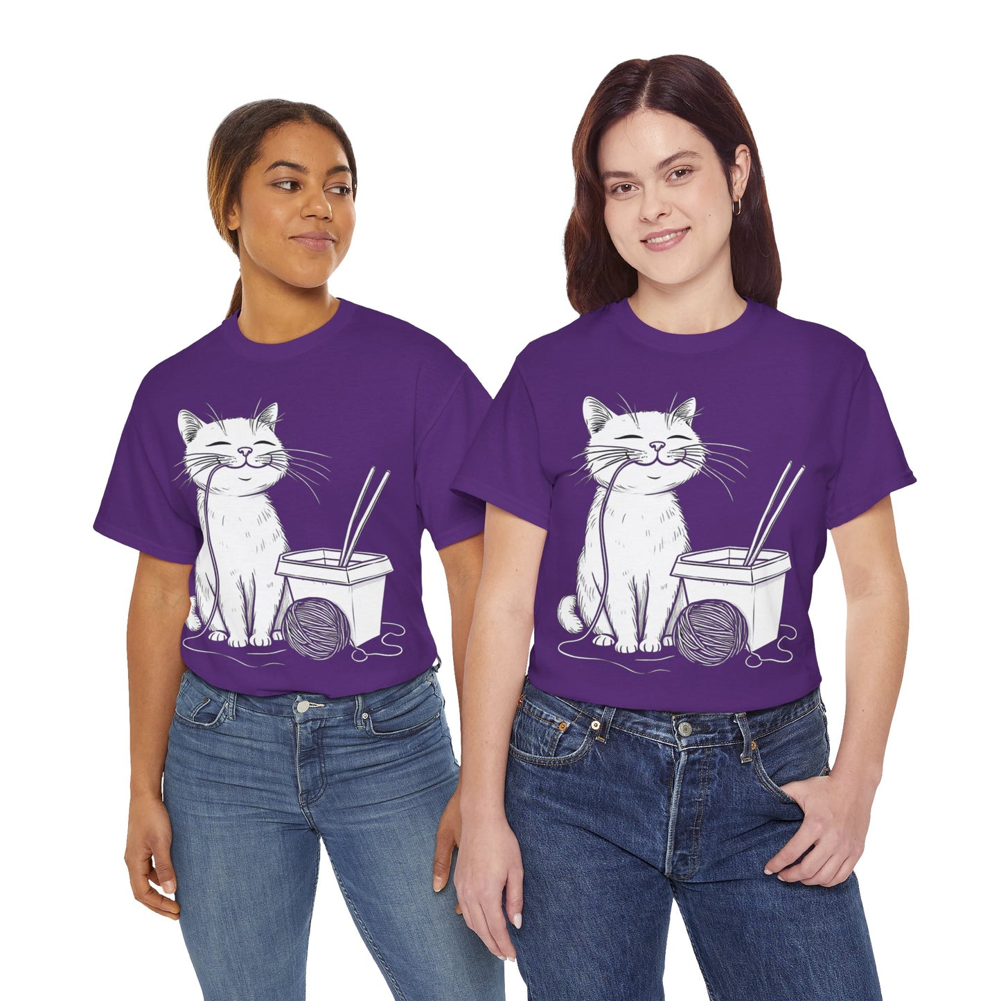 Happy Cat w/Noodles + Yarn Ball Art Drawing Tee Shirt *Multiple Colors*