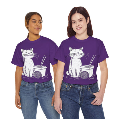 Happy Cat w/Noodles + Yarn Ball Art Drawing Tee Shirt