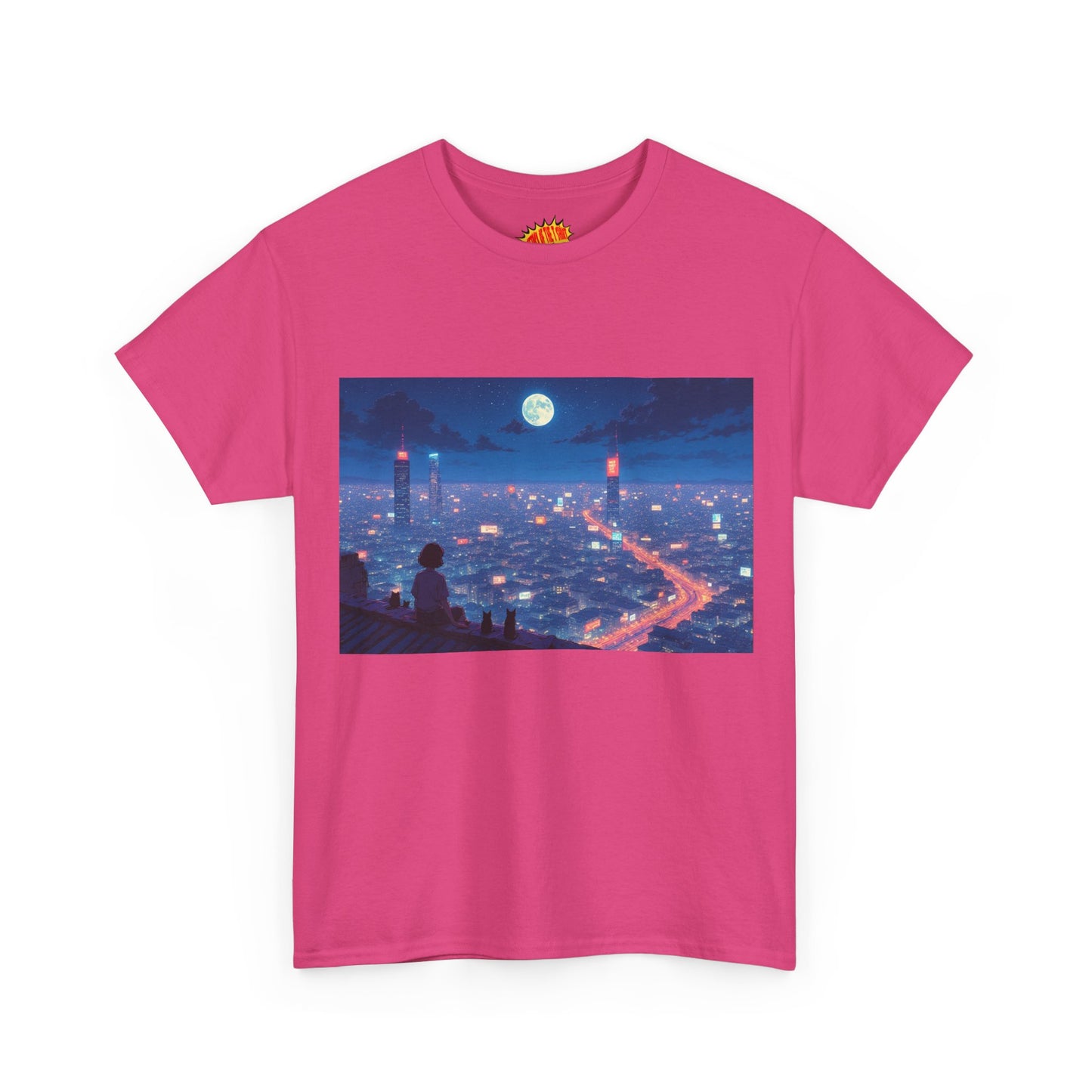 Anime Neon City Full Moon Scene w/Girl & Cats T-Shirt *Multiple Colors*