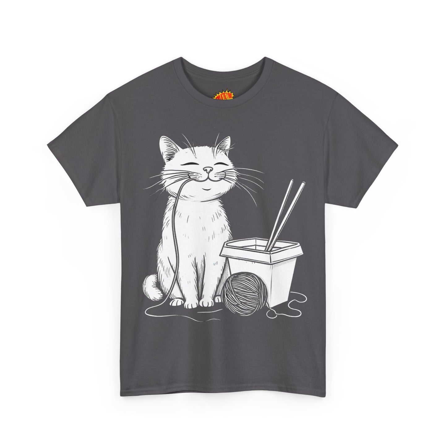 Happy Cat w/Noodles + Yarn Ball Art Drawing Tee Shirt *Multiple Colors*