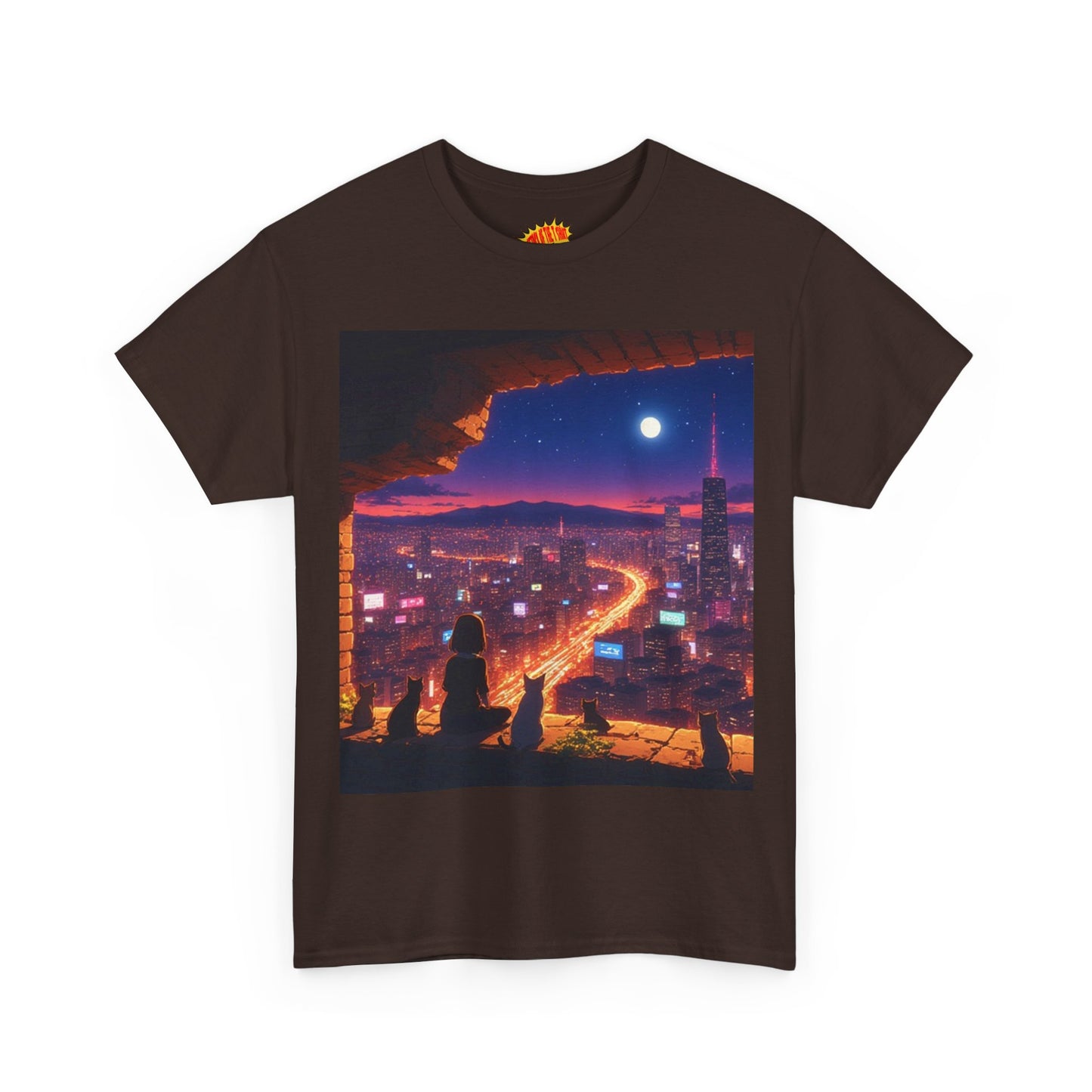 Anime Neon Cityscape Full Moon Scene w/Girl & Cats T-Shirt *Multiple Colors*