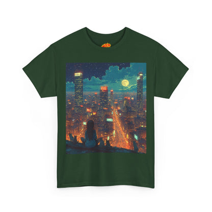 Nighttime Neon Anime Cityscape w/Girl & Cats T-Shirt