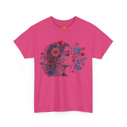 Multicolor Line Drawing Human Graphic Flower Art Tee Shirt