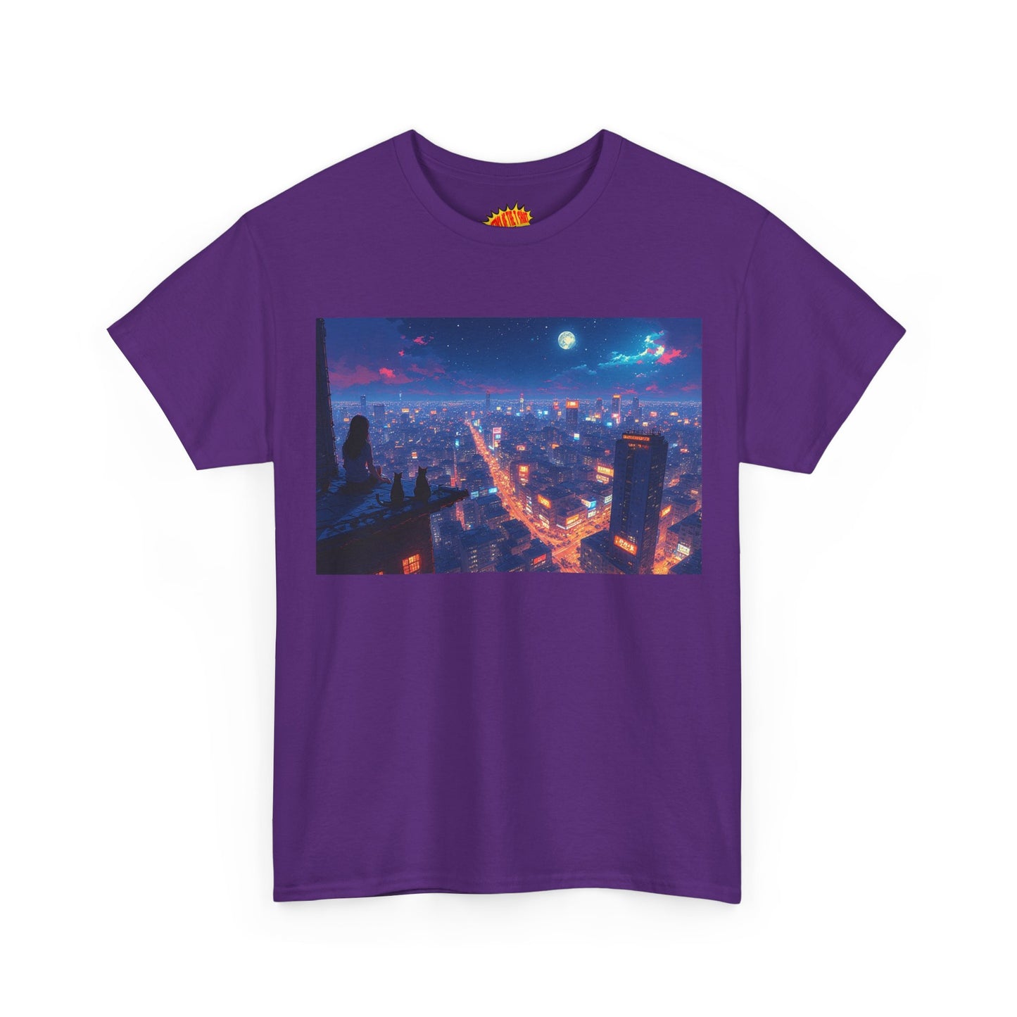 Nighttime Neon Anime Cityscape w/Cats T-Shirt *Multiple Colors*