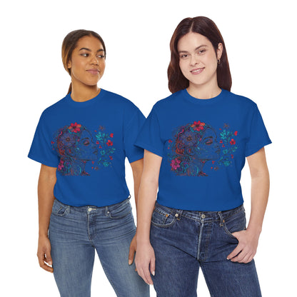 Multicolor Line Drawing Human Graphic Flower Art Tee Shirt