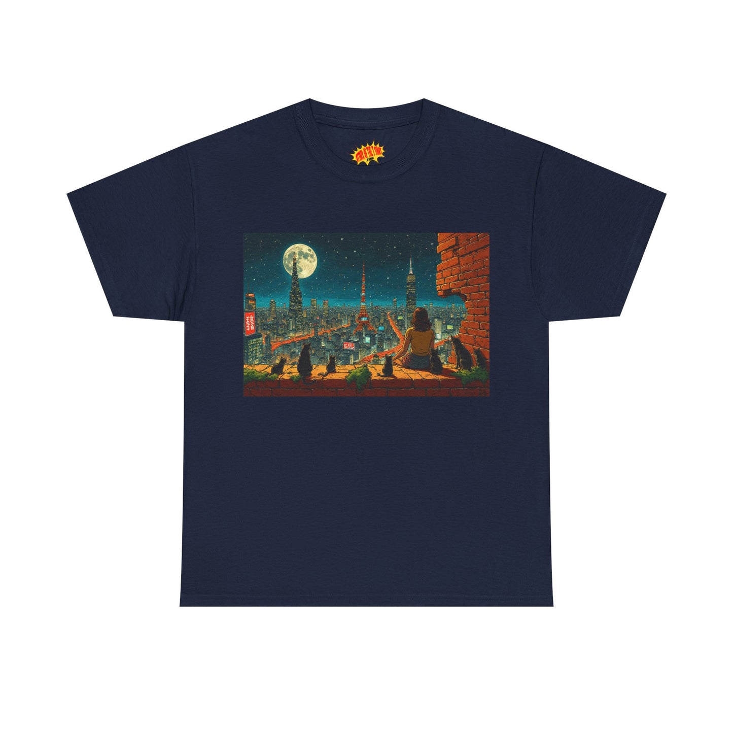 Anime Cityscape Full Moon Scene w/Girl & Cats T-Shirt *Multiple Colors*