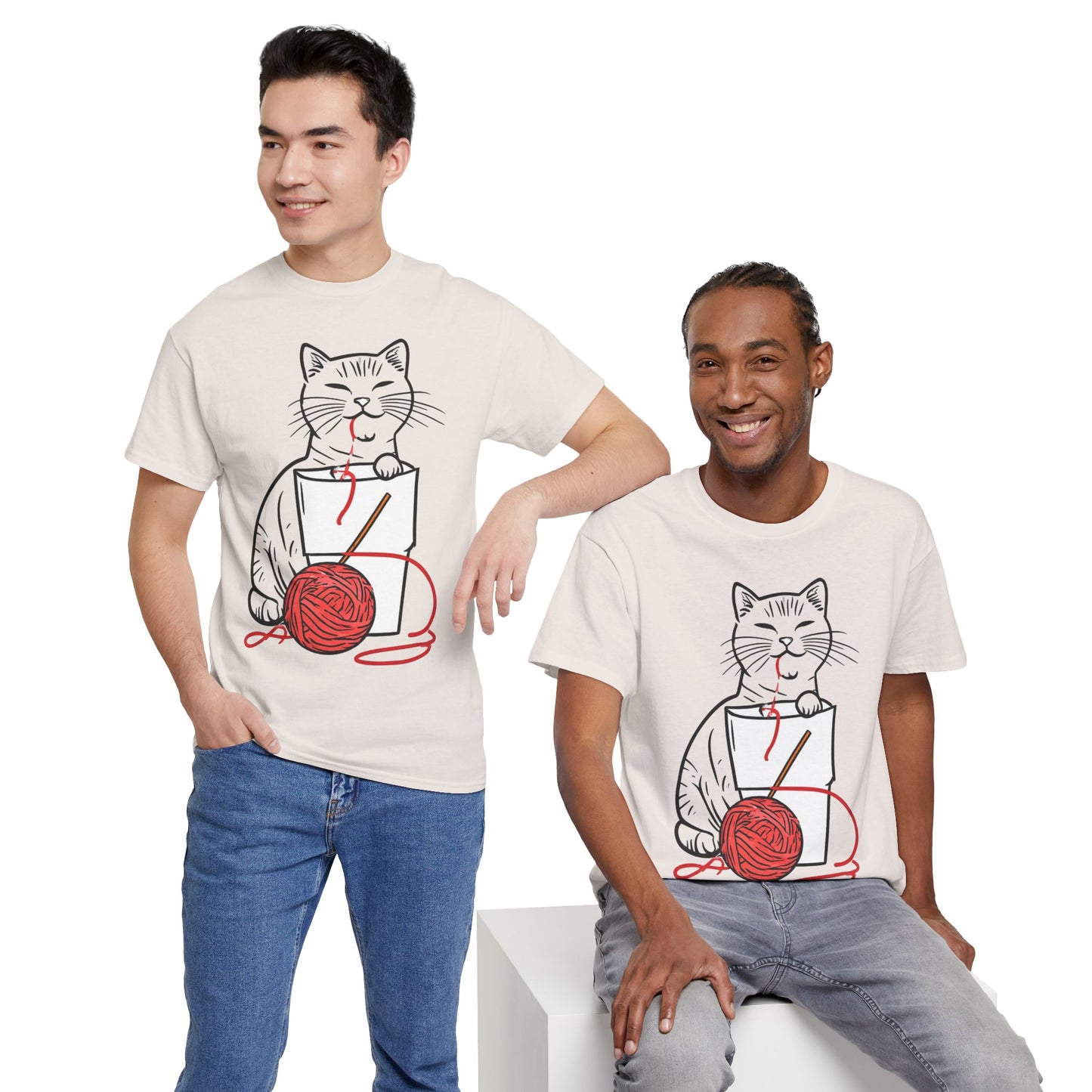 Cat w/Noodle Cup + Yarn Ball Art Drawing Tee Shirt *Multiple Colors*