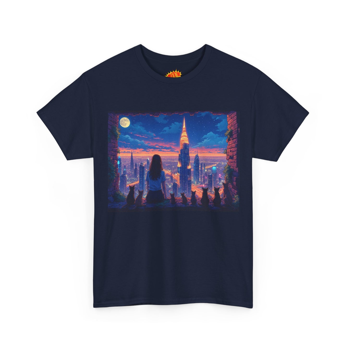 Anime Neon City Full Moon Scene w/Girl & Cats T-Shirt *Multiple Colors*